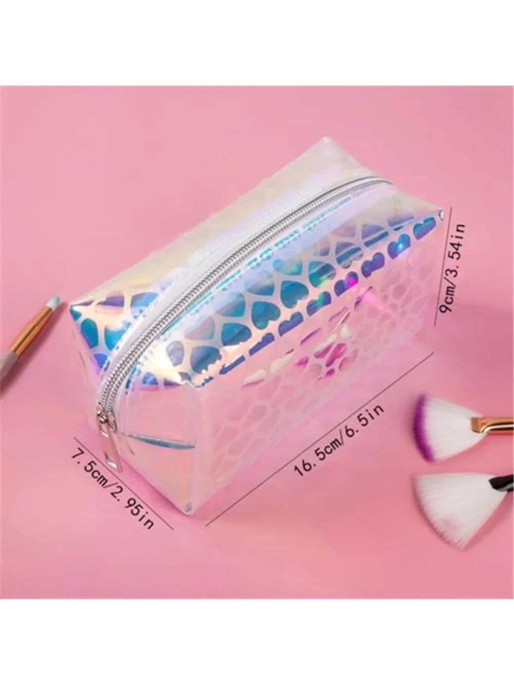 Rainbow Holographic Heart Pattern Makeup Bag TPU Clear Cosmetic Pouch